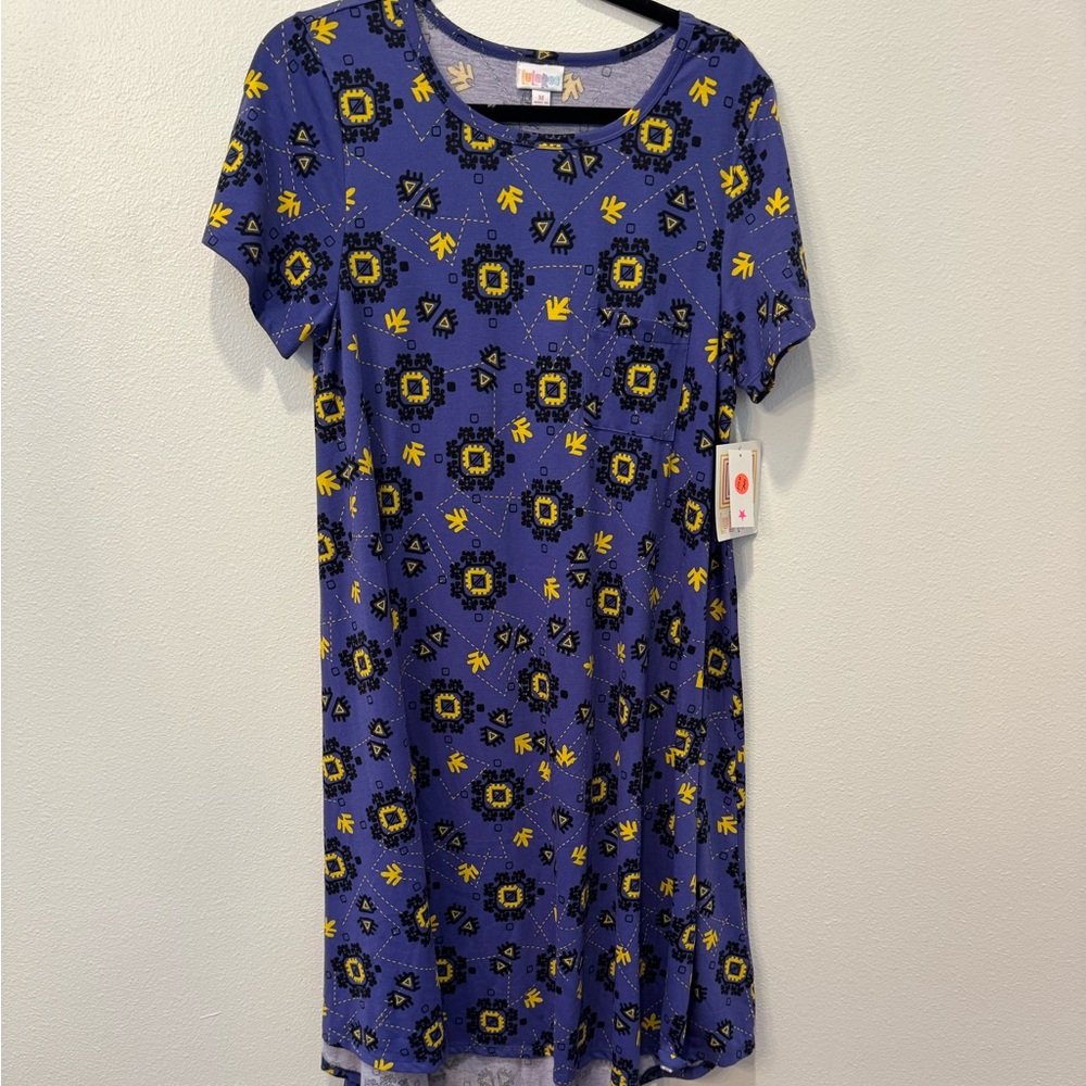 Brand New LuLaRoe Size M Dark Periwinkle With Yellow & Black Shapes Carly Dress